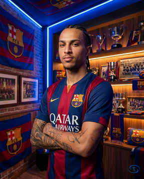 Kit Neymar Camisa Barcelona Champions League 2014/15 - Chaveiro - Mini Troféu Champions - Medalha de Campeão 14/15 - Miniatura Neymar - Side View | Sant Sport