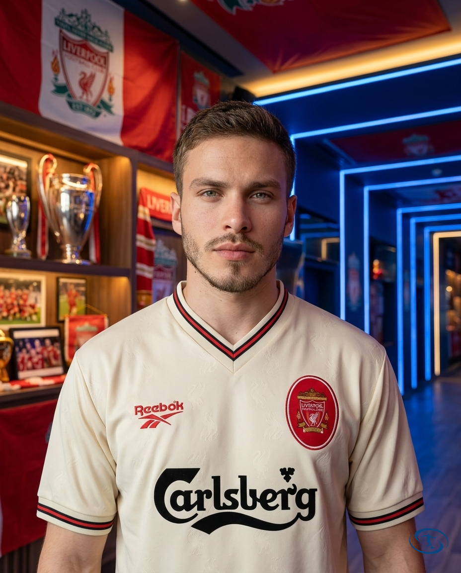 Camisa Retrô Liverpool Away 96/97 Torcedor Reebok Masculina - Marfim - Badge Close-Up | Sant Sport