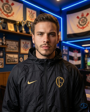 Corinthians Men's - Black & Gold Windbreaker - Badge Close-Up | Sant Sport