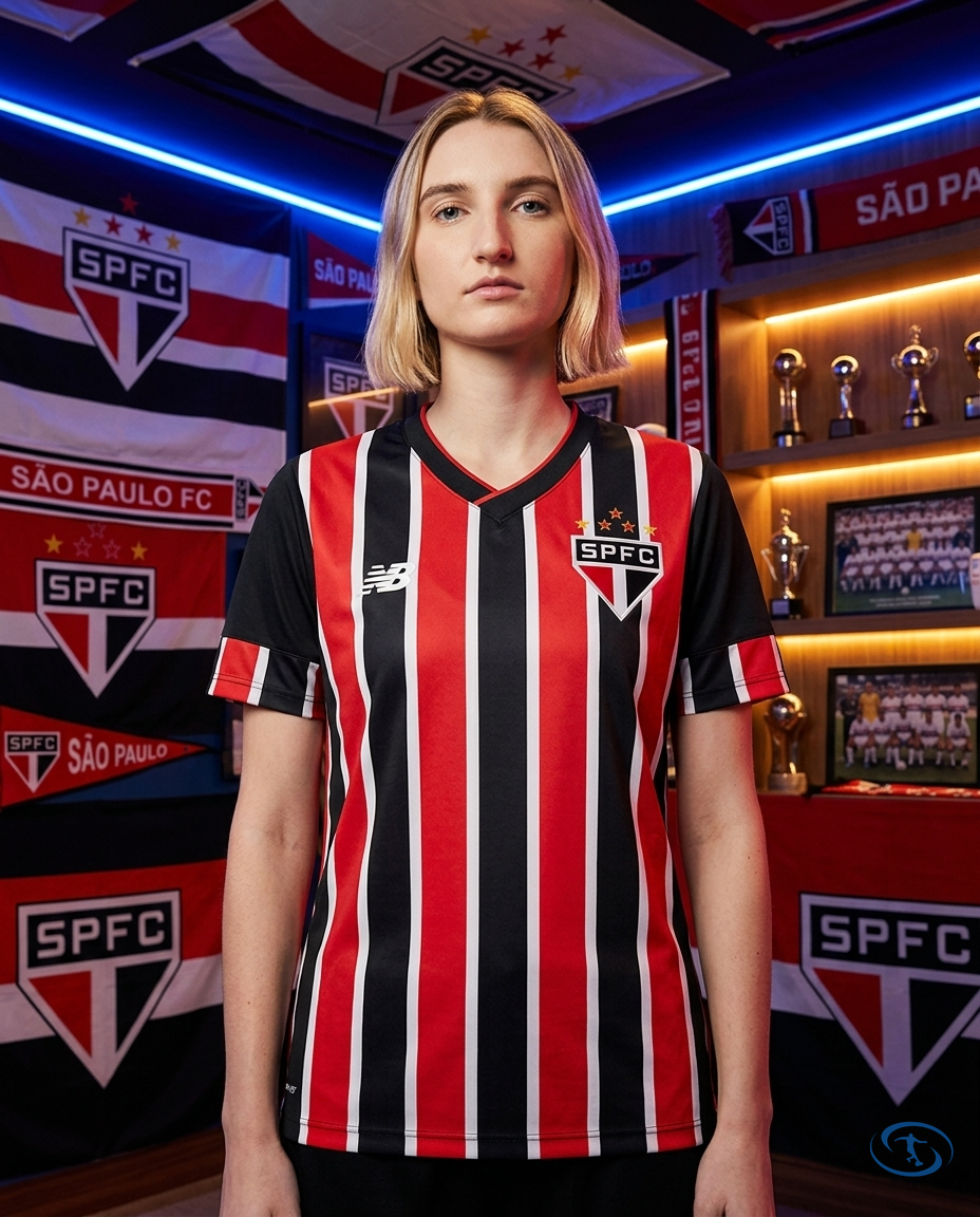 Camisa São Paulo Away 24/25 - Torcedor New Balance Feminina - Vermelho Preto Branco - Front View | Sant Sport