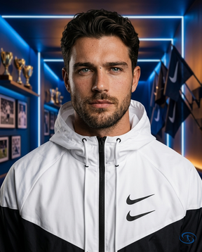 Nike Men's - Black & White Windbreaker - Badge Close-Up | Sant Sport