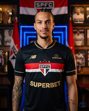 Sao Paulo FC Jersey Third 2025/26 Jogador New Balance Men's - Black & Gold - Badge Close-Up | Sant Sport