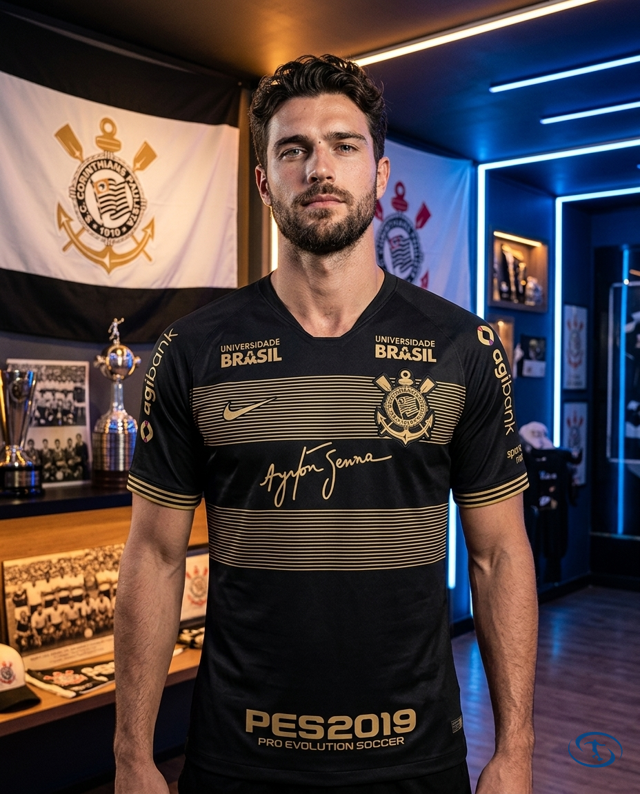 Corinthians Ayrton Senna Jersey w/ Sponsors 2018/19 Retro - Nike Men's Preto e Dourado - Front View | Sant Sport