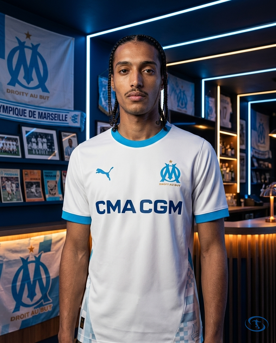 Camisa Olympique de Marseille Home 24/25 - Torcedor Puma Masculino - Branco e Azul - Front View | Sant Sport