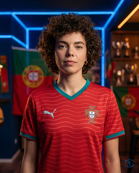 Camisa Portugal Home 2026/27 Torcedor Puma Feminina - Vermelho - Badge Close-Up | Sant Sport