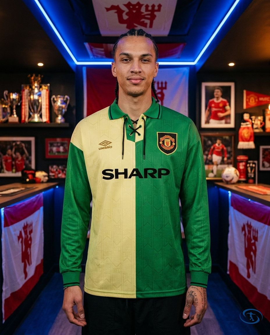 Camisa Manchester United Manga Longa Retrô 92/93 - Torcedor Umbro Masculina - Verde e Amarelo - Front View | Sant Sport
