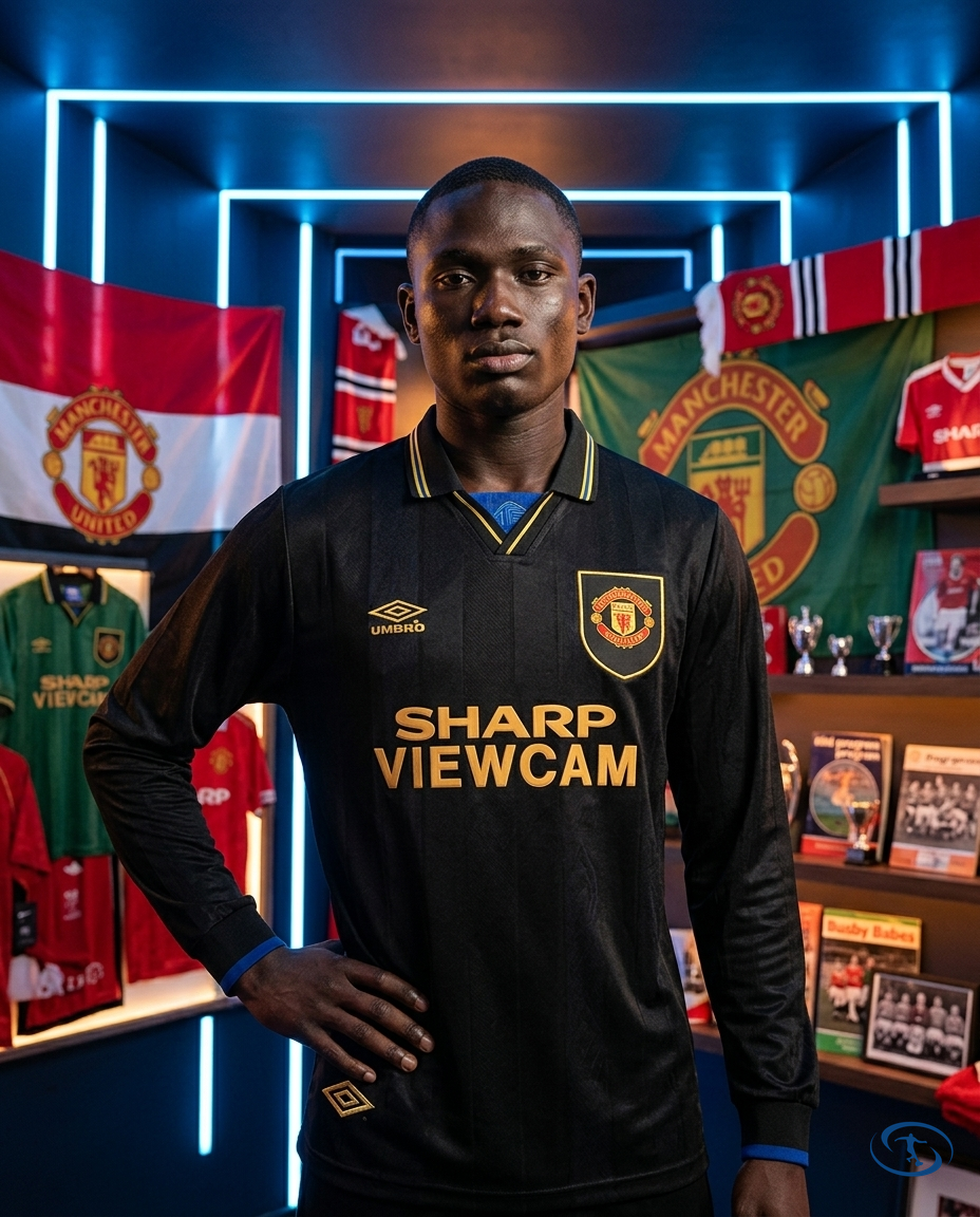 Camisa Manchester United Away Manga Longa Retrô 93/94 - Torcedor Umbro Masculina - Preto e Dourado - Front View | Sant Sport