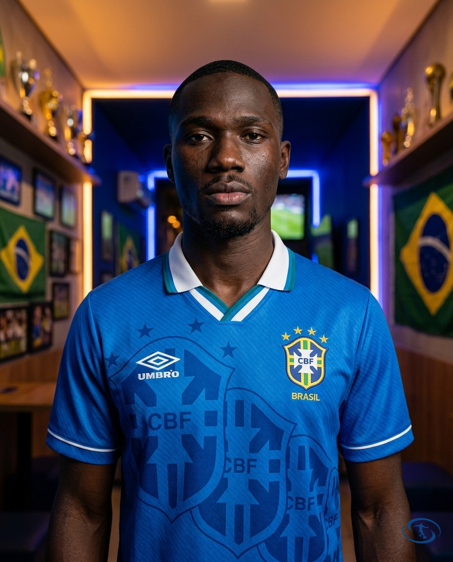 Camisa Seleção Brasileira Retrô Away 1994 Torcedor Umbro Masculina - Tetra - Azul - Badge Close-Up | Sant Sport