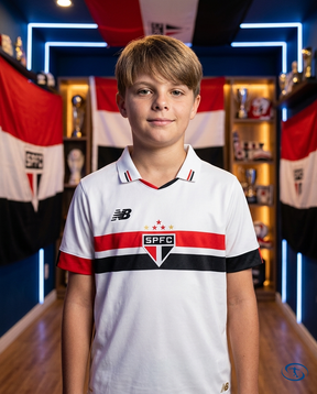 Sao Paulo FC Kids Kit Home 2024 - New Balance - White - Badge Close-Up | Sant Sport