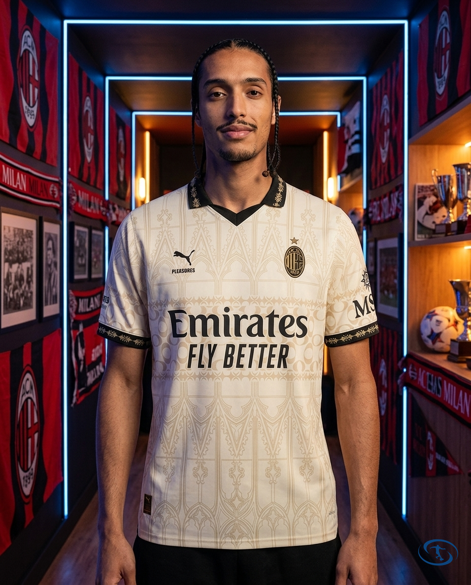 Camisa AC Milan X Pleasures "Luz e Trevas" 2024/25 Torcedor Puma Masculino - Bege - Front View | Sant Sport