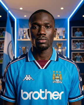 Camisa Manchester City Home Retrô 97/99 Torcedor Masculina - Azul - Badge Close-Up | Sant Sport