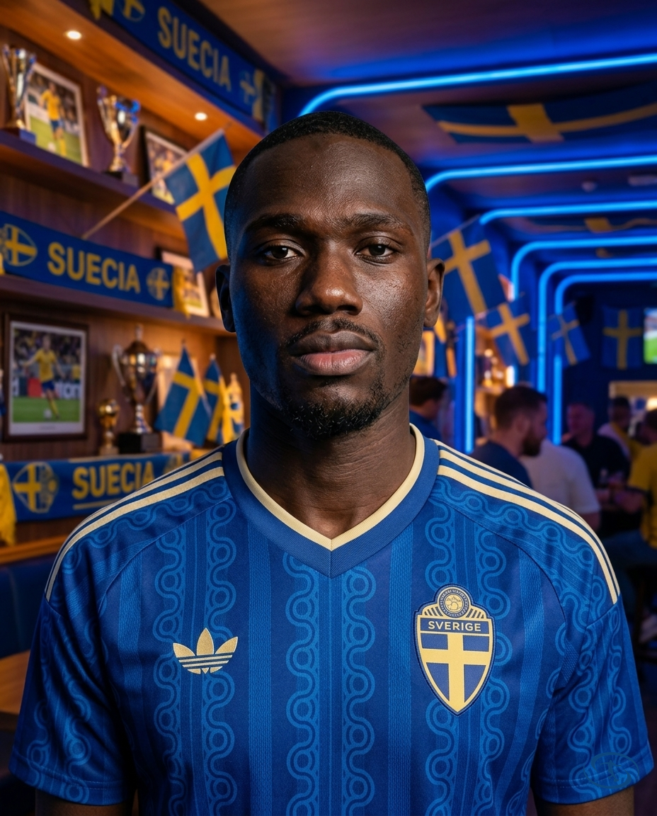 Camisa Suécia Away 2026/27 Torcedor Adidas Masculino - Azul e Amarelo - Badge Close-Up | Sant Sport