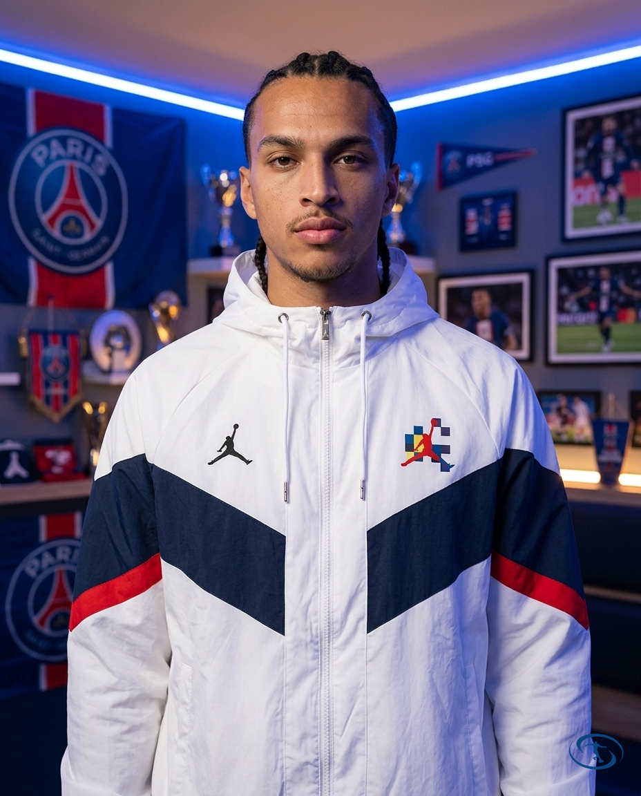Corta Vento PSG Nike Masculino - Azul Branco - Badge Close-Up | Sant Sport