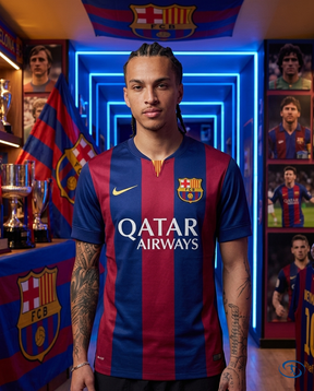 Kit Neymar Camisa Barcelona Champions League 2014/15 - Chaveiro - Mini Troféu Champions - Medalha de Campeão 14/15 - Miniatura Neymar - Front View | Sant Sport