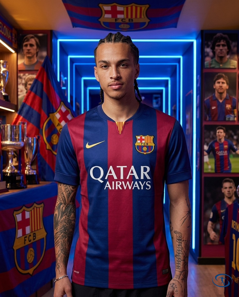 Kit Neymar Camisa Barcelona Champions League 2014/15 - Chaveiro - Mini Troféu Champions - Medalha de Campeão 14/15 - Miniatura Neymar - Front View | Sant Sport