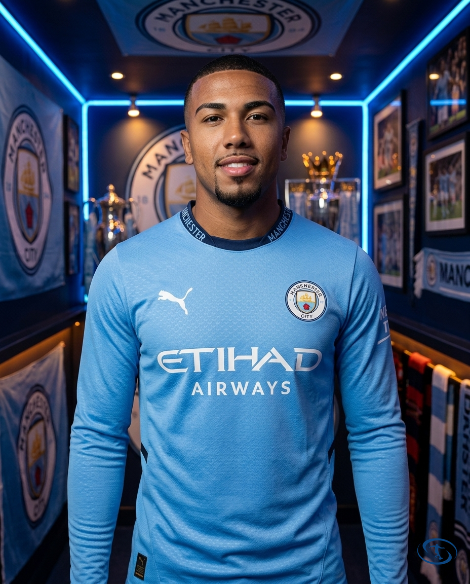 Camisa Manchester City Home 2024/25 - Jogador Puma Masculina - Manga Longa - Badge Close-Up | Sant Sport