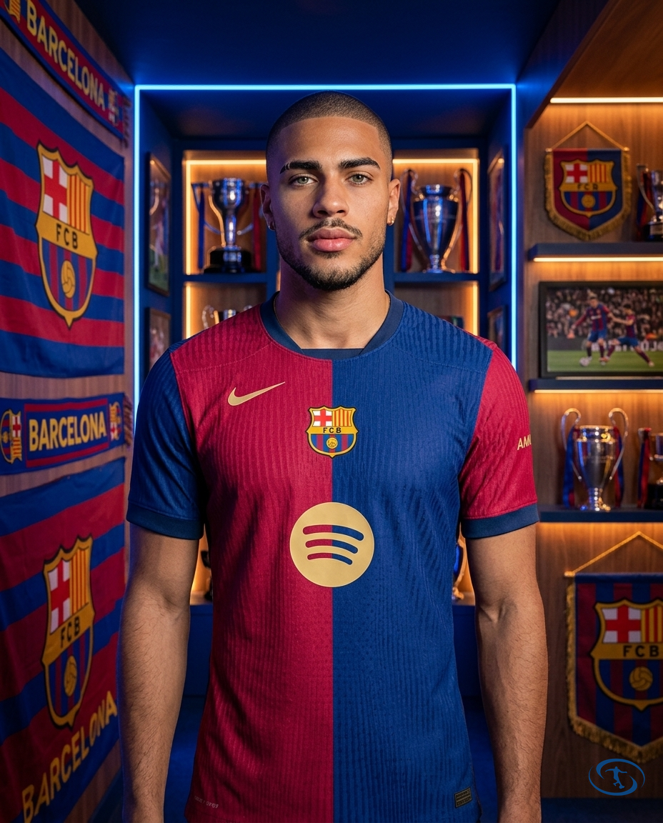 Camisa Barcelona Home com Patch Champions League 24/25 - Torcedor Nike Masculino - Azul Grená - Front View | Sant Sport