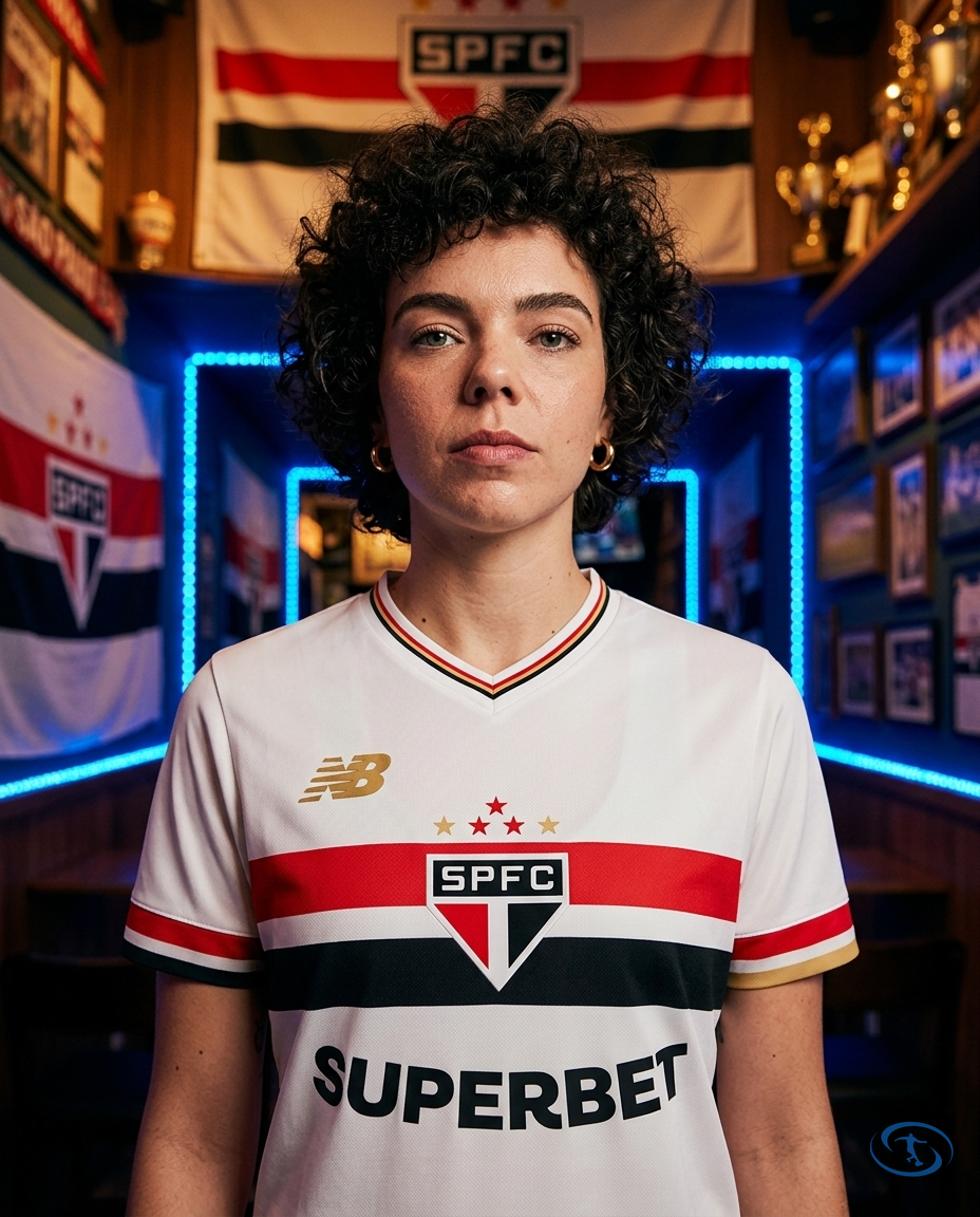 Sao Paulo FC Jersey Home 2025/26 - New Balance Women's - White - Badge Close-Up | Sant Sport