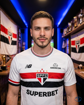 Sao Paulo FC I Jersey Home 2025 - Player Version New Balance Men's - White - Badge Close-Up | Sant Sport