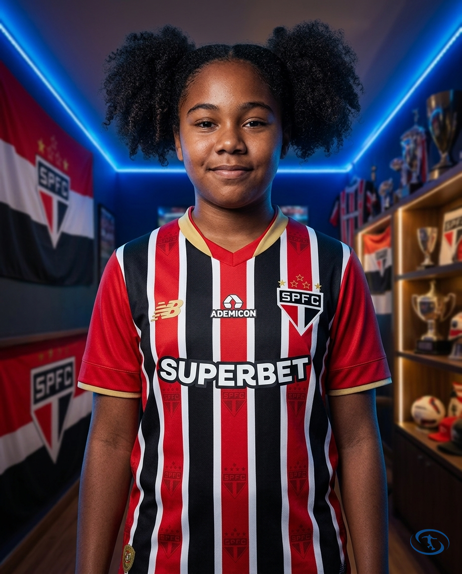 Sao Paulo FC Kids Kit Away 2025/26 - New Balance - Badge Close-Up | Sant Sport