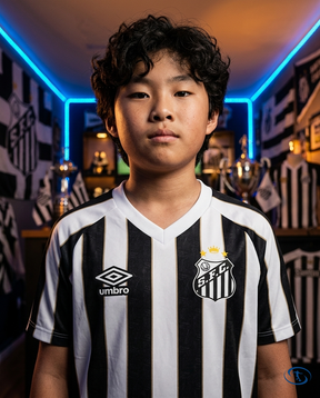 Conjunto Infantil Peixão Away 2024/25 - Torcedor Umbro - Preto e Branco - Badge Close-Up | Sant Sport